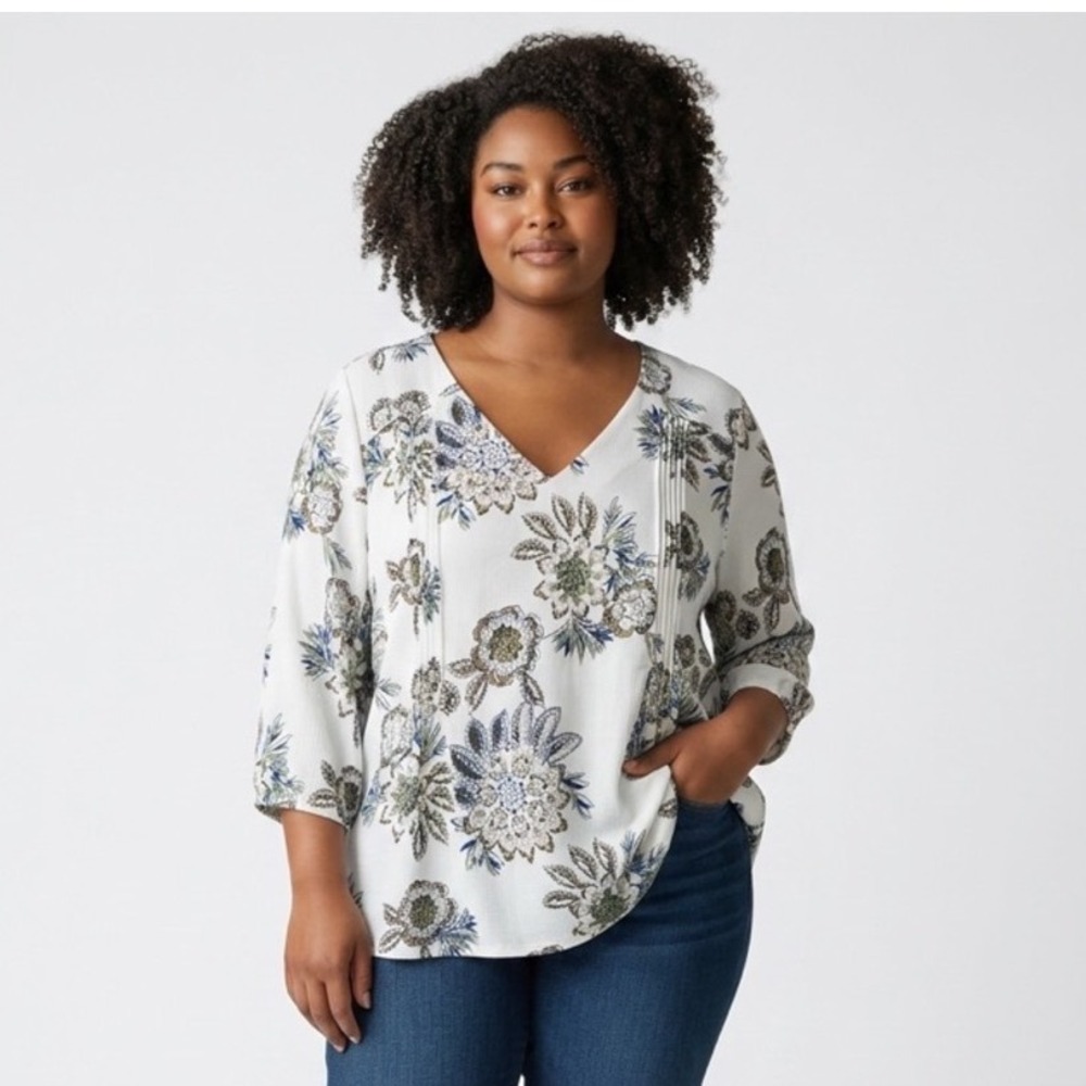 New Directions XL Floral V-Neck Pintuck Blouse Boho Cottagecore Stretch Top